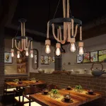 Lustră rustică tip roată LV580, 4xE27, maro, metal și sfoară