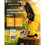 Mini drujbă cu lanț Rotor RBS-62, lamă 6", acumulator 21V 2Ah, încărcător