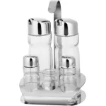 Set condimente MagicHome cu suport din inox, 5 piese din sticlă