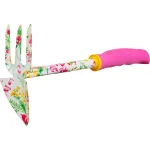 Sapă de grădină Strend Pro cu 3 dinți, vârf ascuțit, roz cu model floral