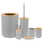 Set 6 accesorii pentru baie Teesa, gri cu bambus, dozator 330 ml, coș 6 L