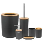 Set 6 accesorii baie Teesa, negru cu bambus, dozator 330 ml, cos 6 L