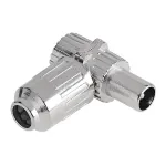 Mufă antenă TV tată 90° din metal nichelat, pentru conectare sigură