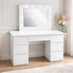 Masa de toaleta/machiaj, alba, cu oglinda si LED-uri, Vanessa Old, 130x43x143 cm GartenVIP DiyLine
