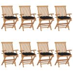 Scaune de grădină cu perne negre, 8 buc., lemn masiv de tec GartenMobel Dekor