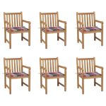 Scaune grădină cu perne, 6 buc, roșu, carouri, lemn masiv tec GartenMobel Dekor