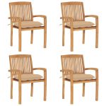 Scaune grădină stivuibile cu perne, 4 buc, lemn masiv de tec GartenMobel Dekor