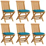 Scaune grădină cu perne, 6 buc., albastru, lemn masiv tec GartenMobel Dekor