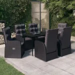 Set de masă pentru grădină, 7 piese, cu perne, negru GartenMobel Dekor