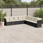 Set mobilier de grădină cu perne, 9 piese, negru, poliratan GartenMobel Dekor
