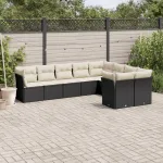 Set mobilier de grădină cu perne, 9 piese, negru, poliratan GartenMobel Dekor