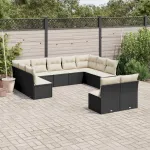 Set canapele de grădină cu perne, 11 piese, negru, poliratan GartenMobel Dekor