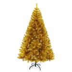 Brad artificial auriu 210 cm cu LED și fibră optică, suport pliabil, 10 moduri