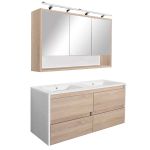 Set mobilier baie Leziter Porto 120 cm, alb cu stejar sonoma, lavoar dublu