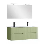 Set mobilier baie Leziter Trent 120 cm cu lavoar dublu si oglinda, verde deschis
