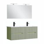 Set mobilier baie Leziter Trent 120 cm cu lavoar ceramic si oglinda, verde fistic