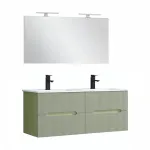 Set mobilier baie Leziter Trent 120 cm cu lavoar ceramic si oglinda, verde fistic