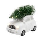Figurină ceramică decorativă mașinuță cu brad, iluminare LED alb cald