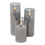 Set 3 lumânări LED alb cald cu efect flacără, în suport din sticlă