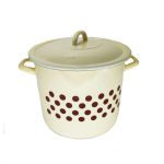 Oală emailată de 10L, bej cu buline, cu capac – din oțel emailat