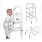 Learning tower pliabil 2 în 1 din lemn, alb – scaun înălțător și masă copii