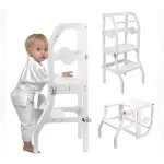 Learning tower pliabil 2 în 1 din lemn, alb – scaun înălțător și masă copii