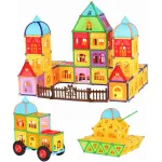 Set construcții magnetice 130 piese Procart, castel 3D și mașinuță, 6+