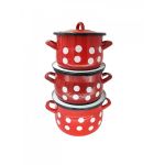 Set 3 semioale bombate din oțel emailat cu buline, 2.5–4 L, roșu