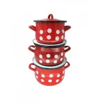 Set 3 semioale bombate din oțel emailat cu buline, 2.5–4 L, roșu
