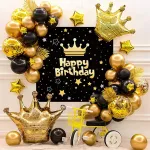 Kit arcadă baloane Happy Birthday cu fundal, latex și folie, negru-auriu