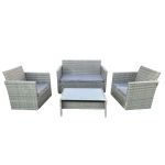 Set mobilier de grădină din ratan gri, 4 piese cu perne și măsuță cu blat din sticlă