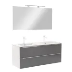 Set mobilier baie Leziter Vario Trim 120 cm, suspendat, alb-antracit, cu lavoar si oglinda