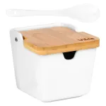 Zaharnita din ceramica alba 250 ml cu capac din bambus si lingurita inclusa