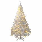 Brad artificial alb iluminat 195 cm, 360 LED alb cald, 936 ramuri, suport metalic