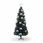 Brad artificial 210 cm cu fibră optică, LED multicolor, fundițe și stea luminoasă