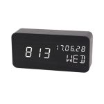 Ceas LED digital de birou cu temperatură/umiditate, 3 alarme, MDF negru