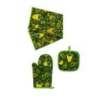 Set textil de bucătărie 3 piese cu mănușă de cuptor, suport termic și prosop