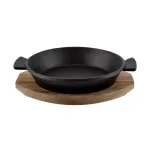Tavă rotundă din fontă 19 cm cu mânere și suport din lemn pentru servire