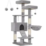 FEANDREA Ansamblu de joaca pentru pisici, tip copac, cu 3 culcusuri si ascunzatoare, 50x45x142cm, gri deschis Household NewTrend