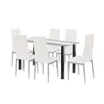 Set de dining Leziter Denton 6+1, masă sticlă călită 140x80, alb-gri