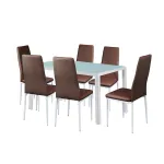 Set dining Leziter Liana 6+1 cu masă din sticlă securizată, maro-alb