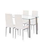 Set de dining Leziter Mateo 4+1 alb-gri cu masă din sticlă pentru 4–6 persoane