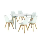 Set dining Leziter Midori 6+1 alb, masă cu blat din sticlă și 6 scaune