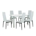 Set masă Leziter Verna 6+1 alb-negru, masă cu blat din sticlă și 6 scaune