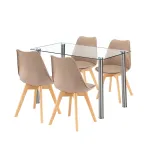 Set dining Leziter Velon 4+1 alb-bej cu masă sticlă 120 cm și 4 scaune