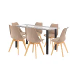 Set de dining Leziter Zelma 6+1 cu masă din sticlă 140 cm și 6 scaune bej