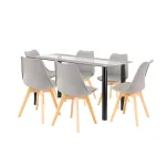 Set dining Leziter Zelma 6+1 cu masă din sticlă și 6 scaune gri, 140 cm