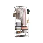 Suport haine Leziter LRA-01, negru, cu rafturi pentru pantofi si accesorii