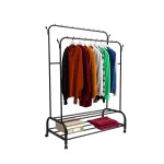 Suport de haine Leziter LRA-05 negru, metalic, cu 2 bare si raft pentru pantofi