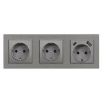 Priză dublă Leziter Nova III cu împământare, USB-A/USB-C și ramă gri